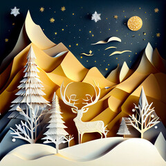 multidimesional paper cut christmas card with snow, stars, trees, mountains deer in the middle 