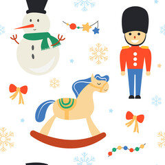 Christmas pattern with soldier, snowman, toy horse and snowflakes. Bright festive background. illustration.