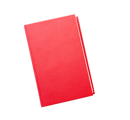Red closed book with blank hard cover isolated on white, top view, space for text