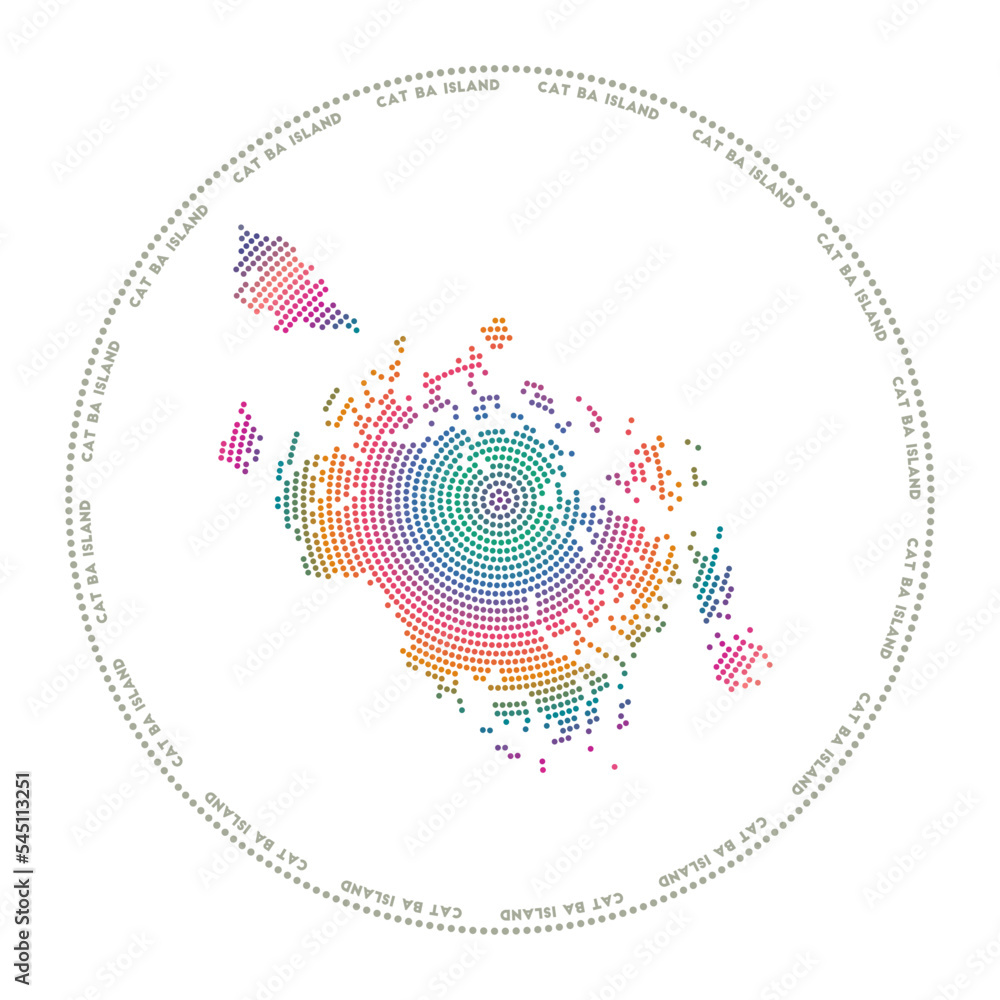 Poster cat ba island round logo. digital style shape of cat ba island in dotted circle with island name. te