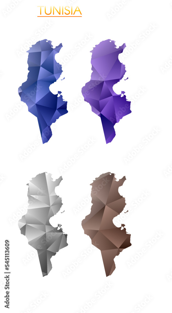 Poster set of vector polygonal maps of tunisia. bright gradient map of country in low poly style. multicolo