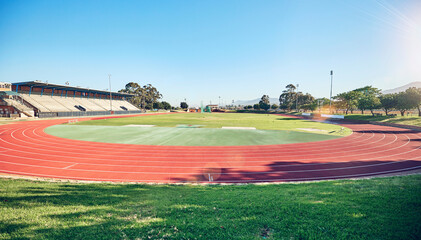 Empty running track, arena or stadium architecture for marathon race, sports cardio training or...