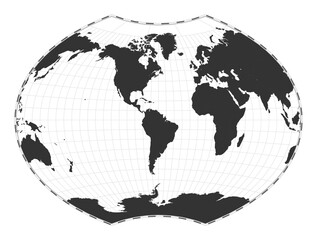 Vector world map. Ginzburg VI projection. Plan world geographical map with latitude/longitude lines. Centered to 60deg E longitude. Vector illustration.