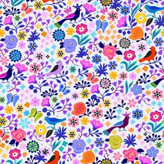 A fabulous pattern of flowers and birds in lilac tones.