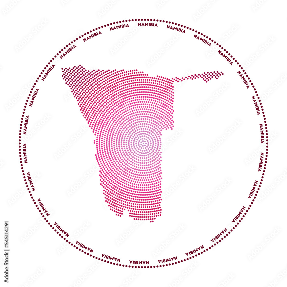 Poster namibia round logo. digital style shape of namibia in dotted circle with country name. tech icon of 