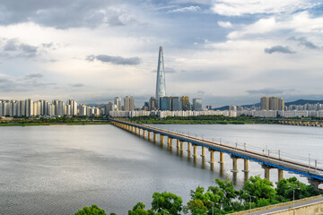 Skyscraper and Jamsil Railway Bridge in Seoul, South Korea
