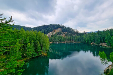 Fototapeta na wymiar Picturesque mountain lake with turquoise water in the forest.