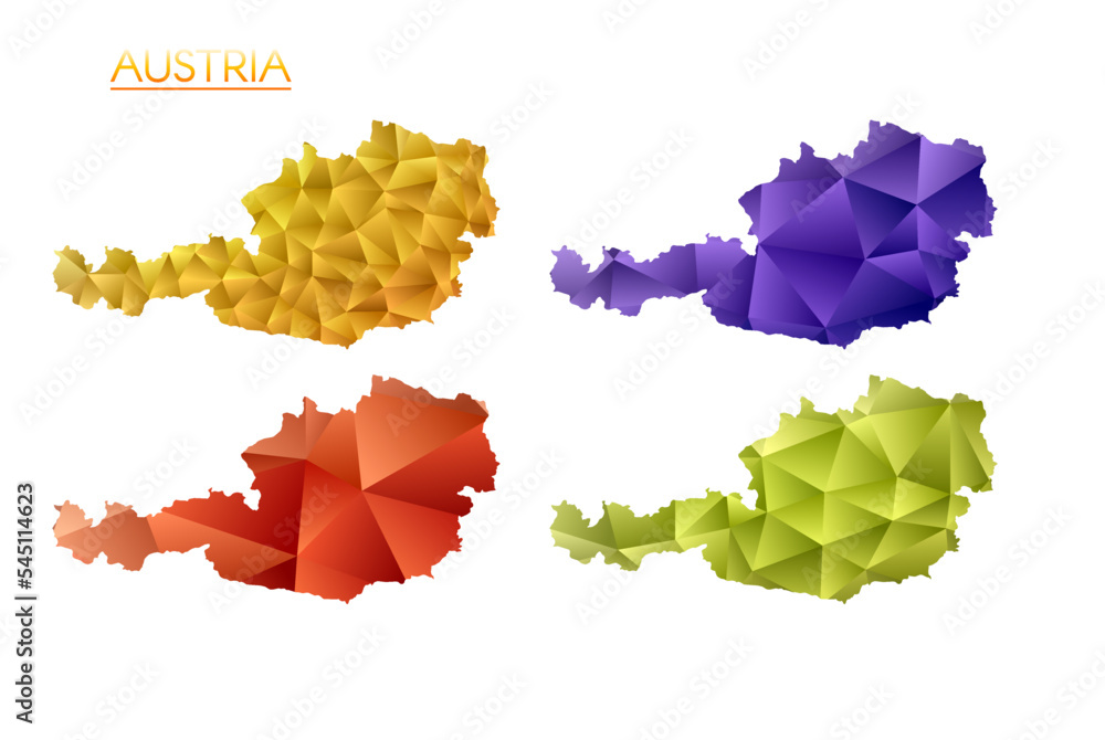 Poster set of vector polygonal maps of austria. bright gradient map of country in low poly style. multicolo