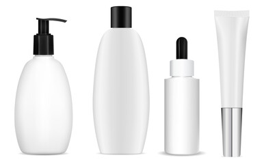 Cosmetic product bottle set, realistic vector template design, isolated. White plastic container mockup for shampoo, cream tube, serum dropper, liquid soap dispenser. Clear packaging illustration