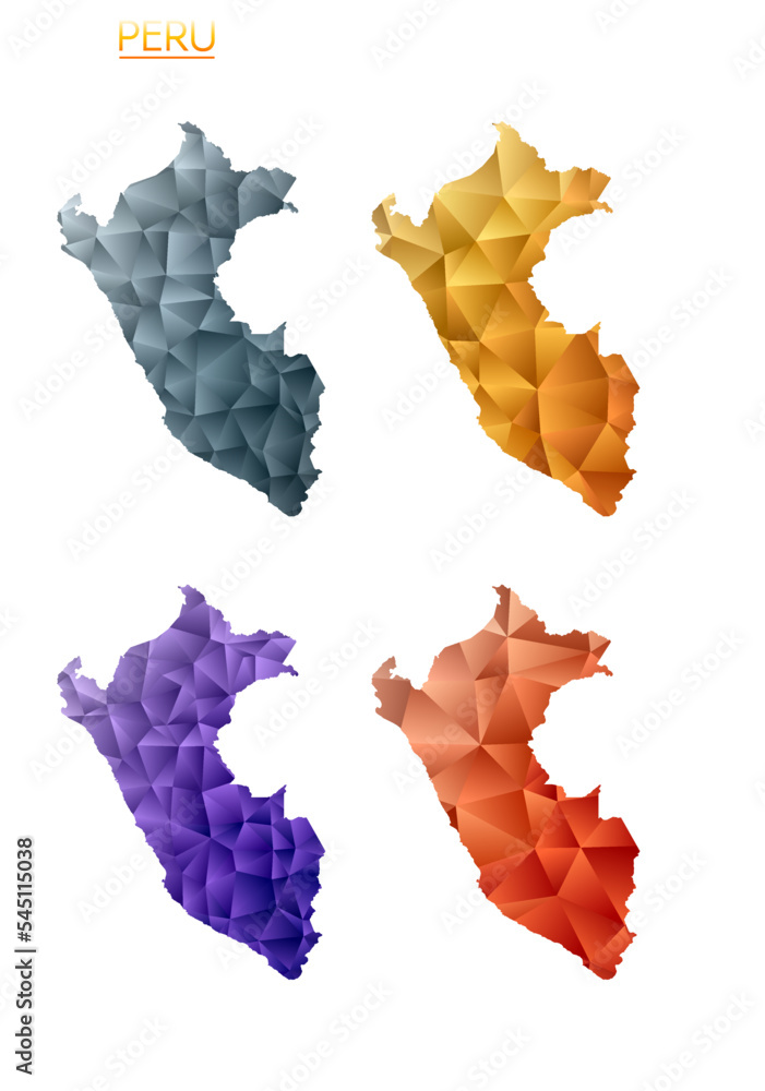 Poster set of vector polygonal maps of peru. bright gradient map of country in low poly style. multicolored