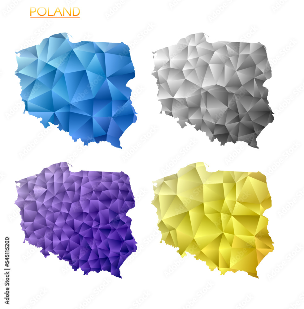 Poster set of vector polygonal maps of poland. bright gradient map of country in low poly style. multicolor