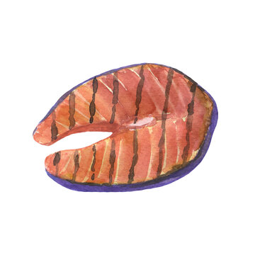 Grilled salmon fish steak sketch. Watercolor hand drawn illustration isolated on white