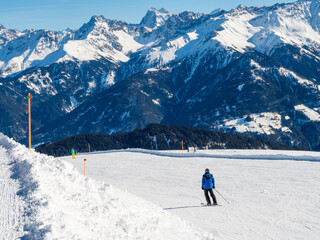 Fototapeta na wymiar Panoramic view with skier in winter in resort Ladis, Fiss, Serfaus in ski resort in Tyrol.