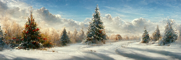 sunrise in the winter christmas forest landscape