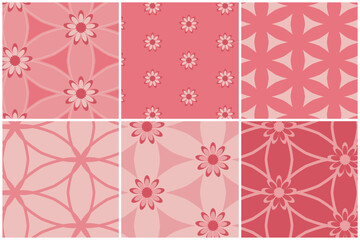 Sweet pink basic floral and geometric essential pattern pack. Pink fabric print for kids and giftware. Valentine wrapping paper patterns. Seamless in repeat square vector pattern tiles.