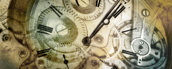 Fototapeta na wymiar Photographic Collage of ancient timepiece concept. Shallow focus and stone texture over clockpieces. Composite with images of same author.