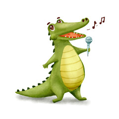 Cute Crocodile is singer. Funny Alligator with microphone isolated on white. Cartoon Illustration Animal Character singing song
