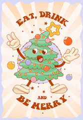 Christmas and New Year poster in retro groovy style. Funny Christmas tree dancing. Vector illustration