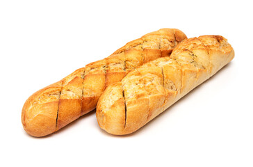 Freshly baked crispy French bread baguette with garlic butter and herbs isolated on a white background