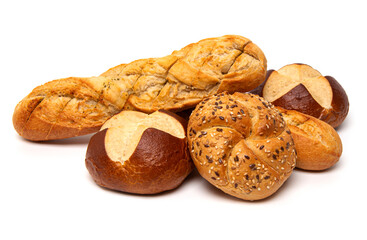 Bakery product assortment Fresh crispy French bread baguette, kaiser roll bun with linseeds and sesame, traditional German laugenbrot, Bavarian pretzel rolls lye bread isolated on a white background