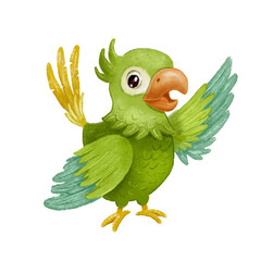 Green parrot bird standing and wave wing. Hand drawn cartoon character isolated on white. © Elena