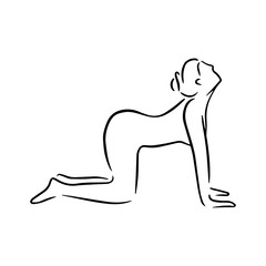 Stylized human in yoga cat pose, marjariasana . Vector illustration of lineart style. Yoga pose flat line icon, simple sign of woman in easy pose Handdrawn illustration