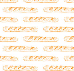 a pattern from a baguette. seamless pattern of a long yellow baguette drawn in doodle style randomly arranged on a beige background for a bakery template