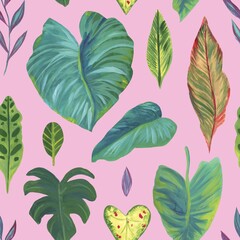 Tropical plant pattern. Seamless background of different tropical leaves. Hand-drawn