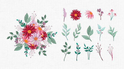 Set of flower red pink and leaf isolated clip-art