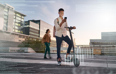 Hologram, man and phone for travel, futuristic communication and trendy technology for commute with...