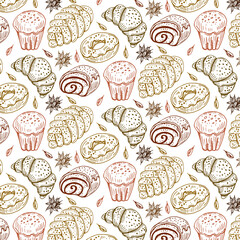 Vector bakery retro seamless pattern. Vintage Illustration. Sketch