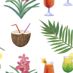 Seamless pattern of tropical leaves and cocktails. Tropical bright background. Hand-drawn	