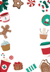 Cute Christmas frame with hot drinks, gingerbread cookies, and cupcakes on white background. Winter holidays, for kids, treats, New Year, Christmas market. Greeting card, banner
