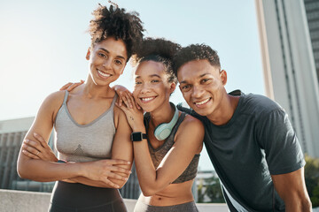 Fitness, support and friends training in the city with a goal, mission and smile. Happy, exercise and portrait of group of health black people with pride, solidarity and motivation for sports