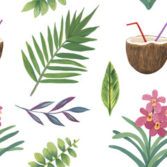 Seamless pattern of tropical leaves and flowers. Background with coconut and plants. Hand-drawn