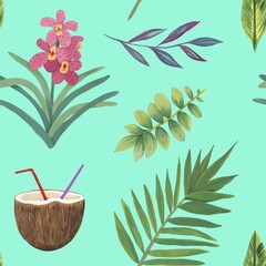 Seamless pattern of tropical leaves and cocktails. Tropical bright background. Hand-drawn	