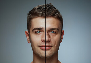 Portrait of a young man in two age stages. Youth and maturity. Face skin aging process, wrinkles....