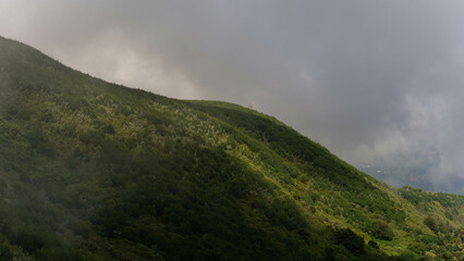 beautiful green mountains with fog