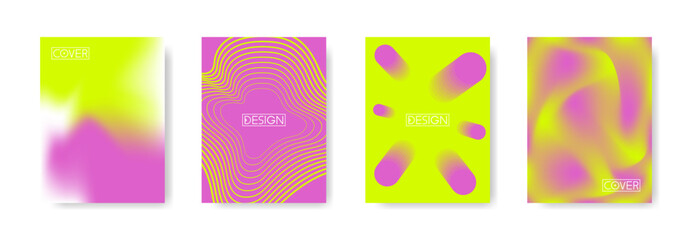 Set of abstract minimal covers design on bright violet and acid colors. Future geometric patterns. Colorful illustration on vertical A4 format. Mesh gradient, dynamic lines and 3d shapes. Original com