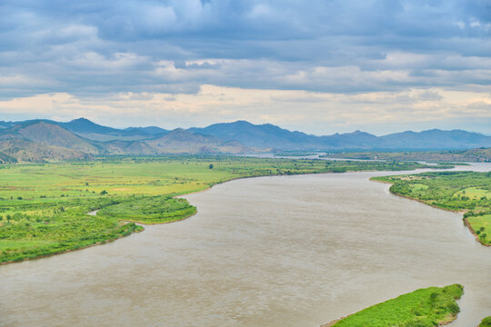 View of the Selenga River from Mount Omulevaya near the city of Ulan-Ude, Republic of Buryatia, Russia.