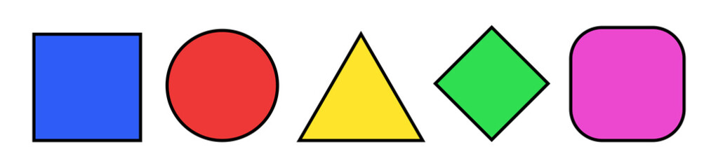 A set of isolated simple colorful geometrical shapes with a black border: blue square, red circle, yellow triangle, green diamond, pink rounded rectangle.
