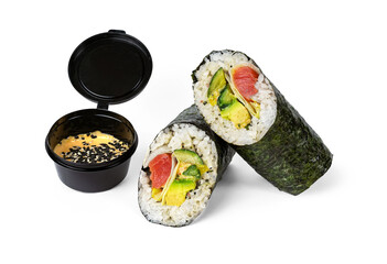 Sushi burritto temaki with tuna, avocado and cucumber with sauce on white © sommersby