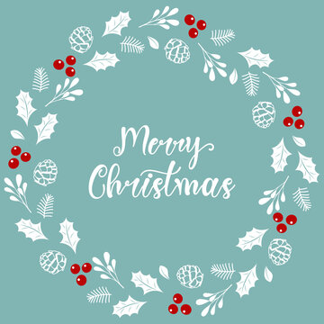 Hand drawn Merry Christmas text with illustration of tree branches, berries, cones and holly. Good option for greeting card, invitation, poster template and etc. © barberry