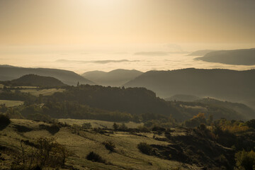 Landscape France Ardeche at Privas Creysseilles at dawn with fog clouds in the valleys