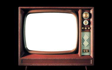 Isolated old vintage tv, looking like a children's toy, with an empty screen. Straight front shot.
