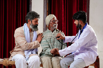 Indian farmer check up from doctor to his father at home