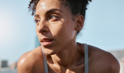 Face, sweat and fitness with a sports black woman tired after a cardio workout for fitness in the city. Running, exhausted and sweating with a female athlete or runner resting after exercise in town - obrazy, fototapety, plakaty