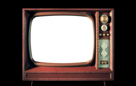 Isolated old vintage tv, looking like a children's toy, with an empty screen. Straight front shot.
