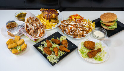Kebab restaurant chef, traditional turkish and arabic food, multiple dishes, background, turkish food