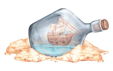  A ship in a bottle in the sand. Sailing pirate ship. Watercolor illustration. Isolated on a white background. For your design stickers, party decorations, design of men's products, stationery © Ekaterina